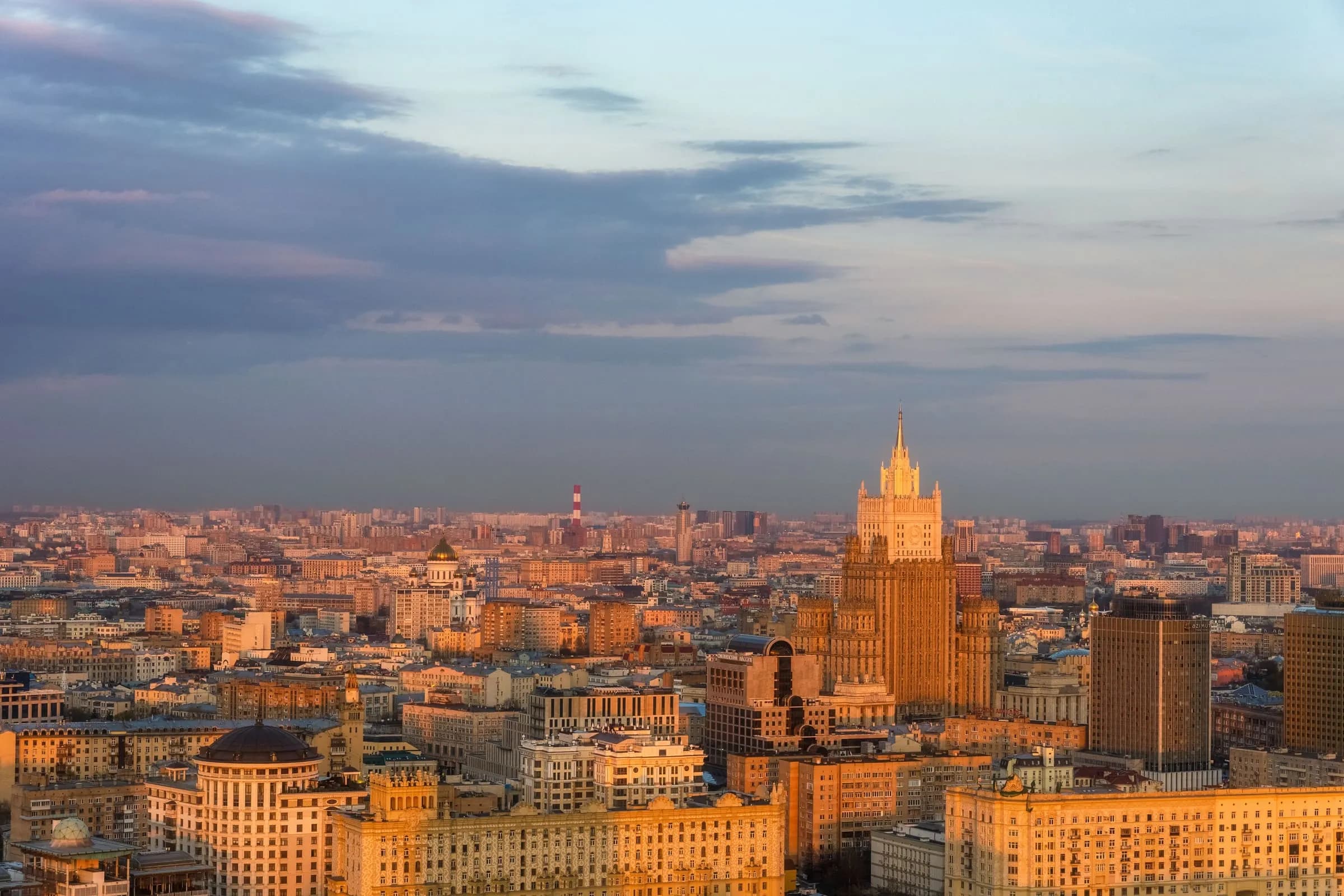 Moscow from above at sunset, with the Foreign Ministry tower